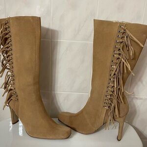Delicious Light Camel Suede Heeled Boots
